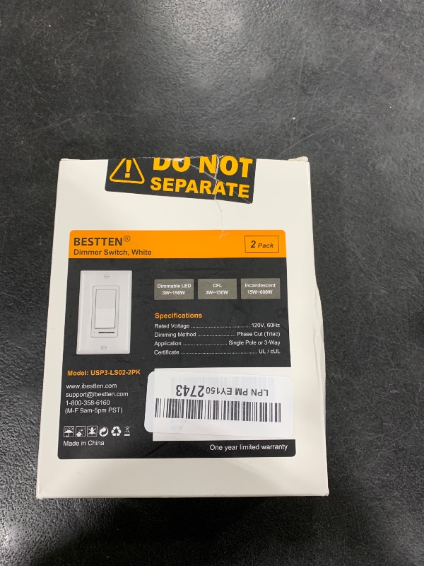 Photo 1 of BESTTEN 2 Pack Dimmer Light Switch, Universal Lighting Control, Single Pole or 3 Way, Compatible with LED Dimmable Lamp, CFL, Incandescent, Halogen Bulb, Decorator Wallplate Included, UL Listed, White