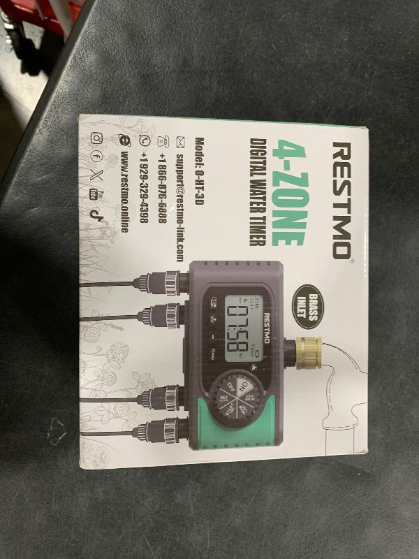 Photo 1 of RESTMO 4-Outlet Sprinkler Timer with Brass Inlet, 4 Zone Programmable Water Timer for Garden Hose, Automatic Digital Control | Manual ON/Off | Rain Delay, for Outdoor Faucet, Drip Irrigation and Lawn