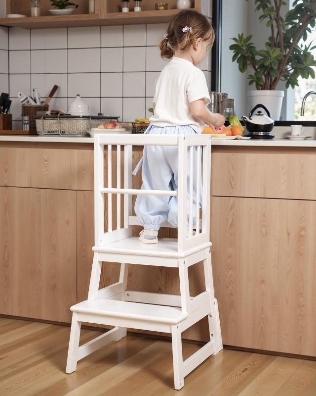 Photo 1 of Kids Kitchen Step Stool, Ideal Toddler Learning Standing Tower, 2025 New Upgrade with an Anti-tip Structure and Anti-Drop Safety Bar, More Stable and Safer - White
