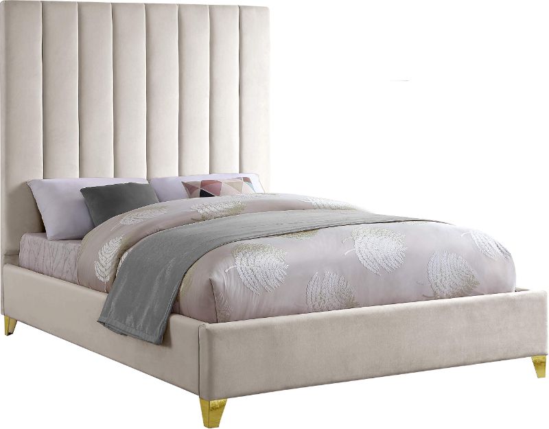 Photo 1 of Meridian Furniture ViaCream-K Via Collection Modern | Contemporary Velvet Upholstered King Bed, Rich Cream , Deep Channel Tufting, Gold and Chrome Legs, 81.5" W x 86" D x 70.5" H, Cream 1 OF 2 ONLY