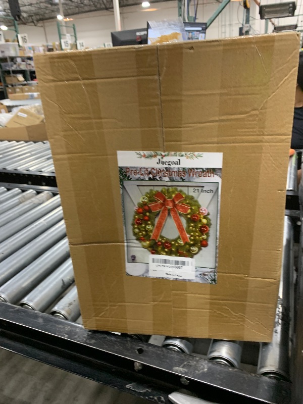 Photo 1 of Juegoal 21 Inch Pre-Lit Christmas Wreath with Metal Hanger, Lighted Xmas Folded Wreath with 60 LED Lights, Red Bow and Colorful Balls, Battery Operated & Timer for Outdoor Home Window Wall Front Door