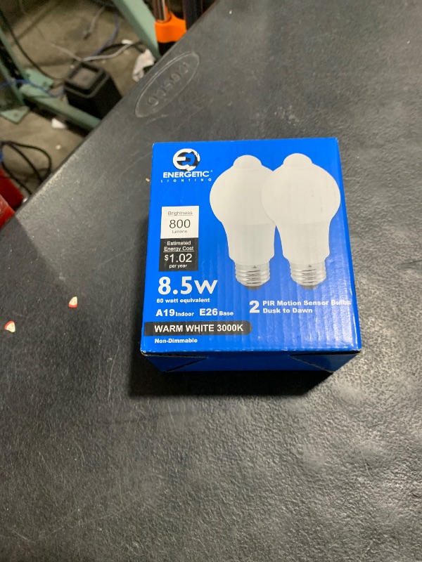 Photo 1 of Energetic Motion Sensor Light Bulb, 8.5W (60 Watt Equivalent) E26 Motion Activated Dusk to Dawn Security Light Bulb for Front Door Porch Garage Basement Hallway Closet, 3000K Warm White, 2 Pack