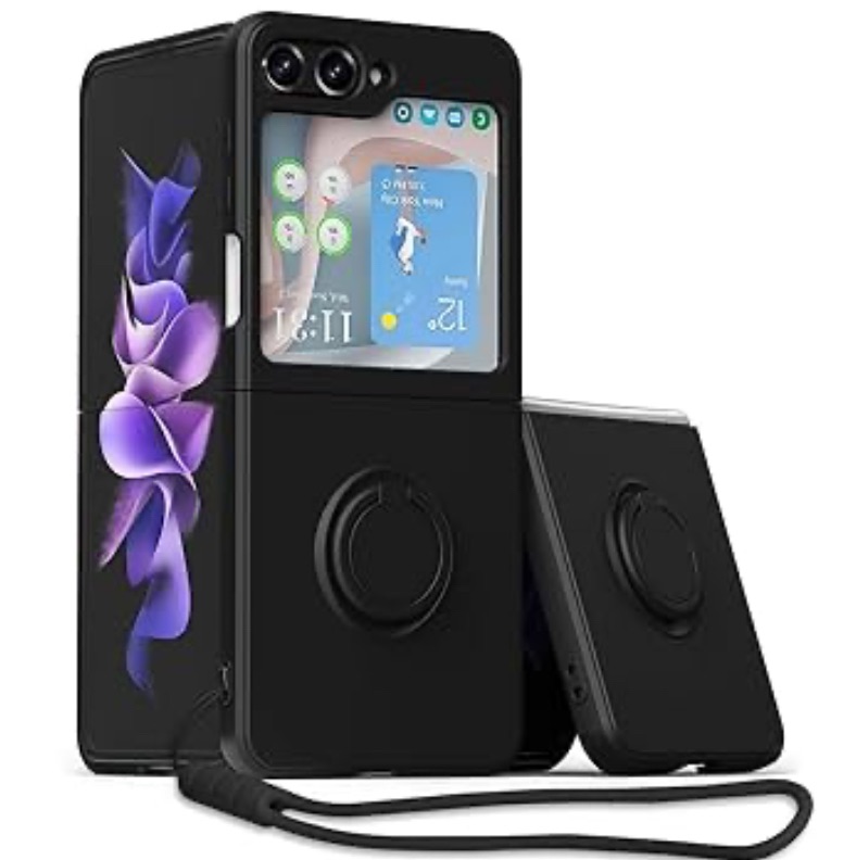 Photo 1 of UEEBAI Case for Samsung Galaxy Z Flip 5 5G, Slim Liquid Silicone Phone Case with 360 Rotatable Ring Holder Kickstand Fashion Hand Strap Magnetic Car Mount Shockproof TPU Bumper Cover - Black