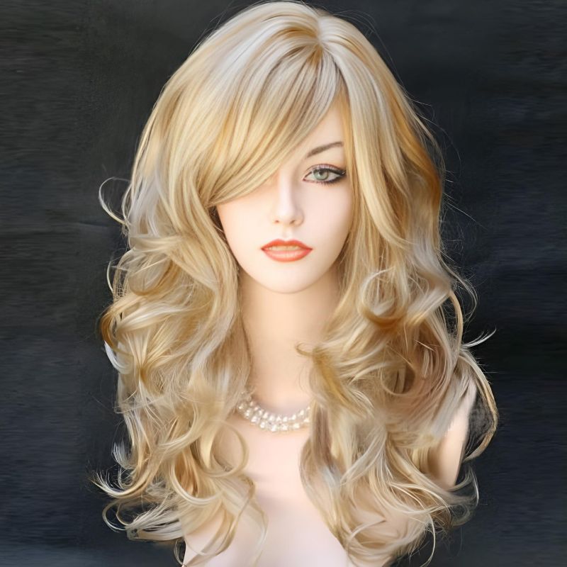 Photo 1 of Kalyss Blonde Wig With Bangs Long Blonde Curly Wigs for Women Heat Resistant Synthetic Hair Wavy Blonde Highlights Wigs for Women 22 Inches