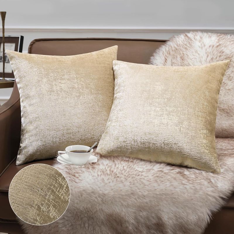 Photo 1 of Phantoscope Pack of 2 Sparkling Velvet Decorative Solid Throw Decorative Pillow Cover Soft Gold Glitter Square Cushion Cover Pillowcase for Couch Bed and Chair, Beige, 20 x 20 inches, 50 x 50 cm