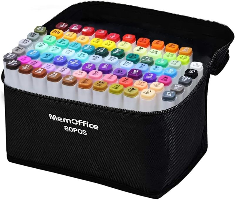 Photo 1 of MemOffice 80 Colors Dual Tip Artist Alcohol Markers Set with Carrying Case - Perfect for Coloring, Drawing, Sketching, Card Making and Illustration - Perfect for Adults and Kids