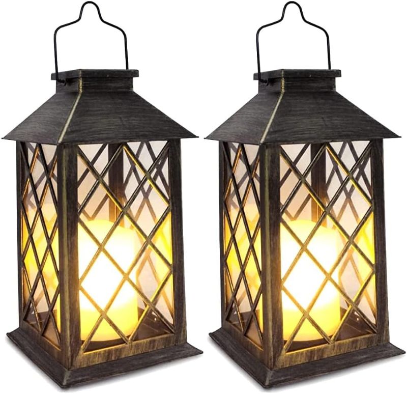 Photo 1 of SHYMERY Solar Lantern,Outdoor Garden Hanging Lanterns,2 Pack 14 Inch Lasts 3X Longer 10 lumens Waterproof LED Flickering Flameless Candle Mission Lights for Table,Outdoor,Party Decorative