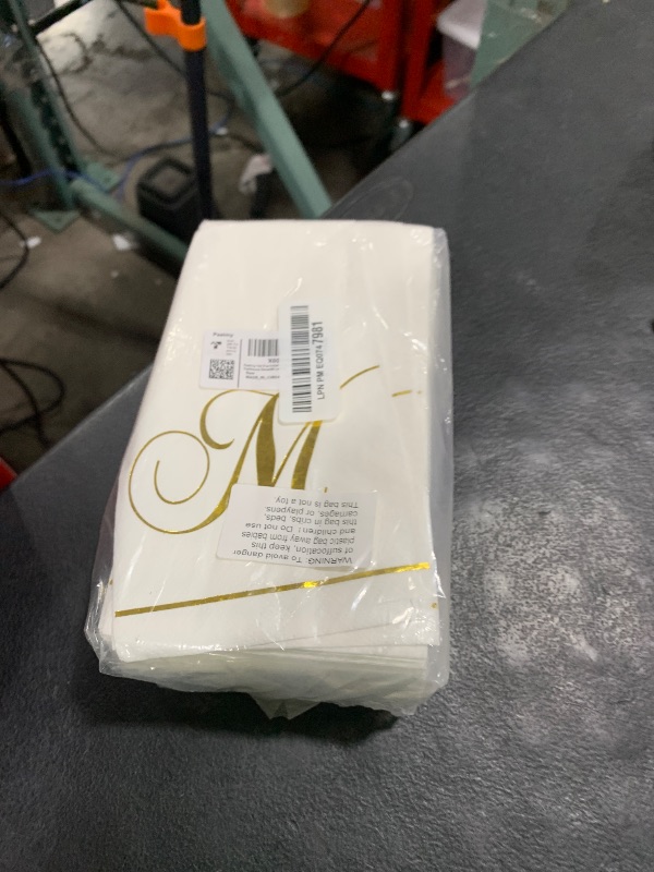 Photo 1 of Pasimy 100 Pcs Initial Napkins Monogram Guest Napkins Gold Letter Paper Towels Disposable Elegant Dinner Towels for Wedding Bridal Shower Holiday Birthday Party Tableware Decor(M Letter)