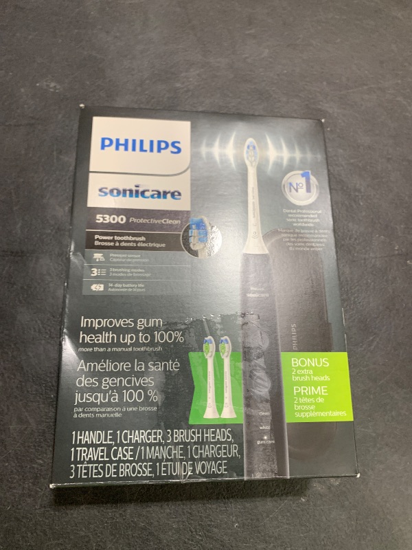 Photo 1 of Philips Sonicare ProtectiveClean 5300 Rechargeable Electric Toothbrush, with Pressure Sensor, 3 Cleaning Modes, SmarTimer and QuadPacer, with 2 Bonus Brush Heads, Travel Case, Black, Model HX6423/34