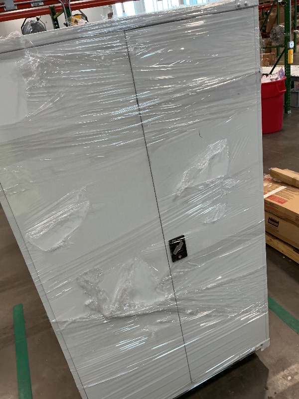 Photo 1 of **MINOR DENTS AND SCRATCHES** Upgraded Tall & Wide Metal Storage Cabinet with Doors & 4 Adjustable Shelves | Heavy-Duty Black Lockable Garage Cabinet with Wheels & Pegboard for Office, Gym, Basement, Warehouse (White)