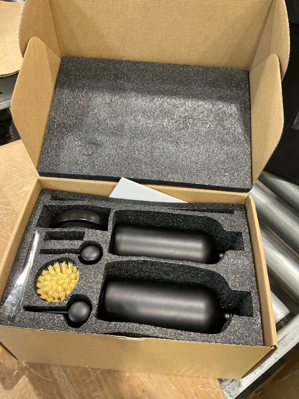 Photo 1 of [Luxury] Kitchen Soap Dispenser Set - 16OZ Black Glass Bottle, Stainless Steel Pump, Instant Dry Tray, Waterproof Labels, Non-Slip Silicone Pad, and Dish Brush | Upgrade for Your Kitchen and Bathroom
