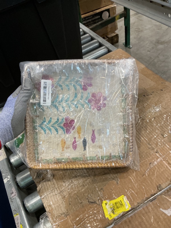 Photo 1 of 1 pcs Rectangle Rattan Serving Tray with Mother of Pearl Inlay, Decorative Wicker Tray for Coffee, Bread, Fruits, Elegant Table Decor for Living Room & Dining Room