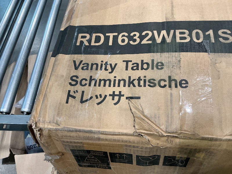 Photo 1 of **MAJOR DAMAGE**
VASAGLE KAILYN Collection - 43.3-Inch Wide Vanity Desk with Mirror and Lights, Power Outlets, Vanity Table Set with Stool, Jewelry Storage, Adjustable Shelves, for Bedroom, Cloud White URDT632W02