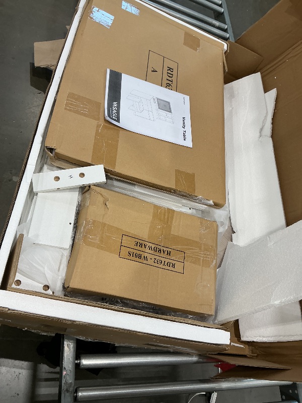 Photo 1 of **MAJOR DAMAGE**
VASAGLE KAILYN Collection - 43.3-Inch Wide Vanity Desk with Mirror and Lights, Power Outlets, Vanity Table Set with Stool, Jewelry Storage, Adjustable Shelves, for Bedroom, Cloud White URDT632W02