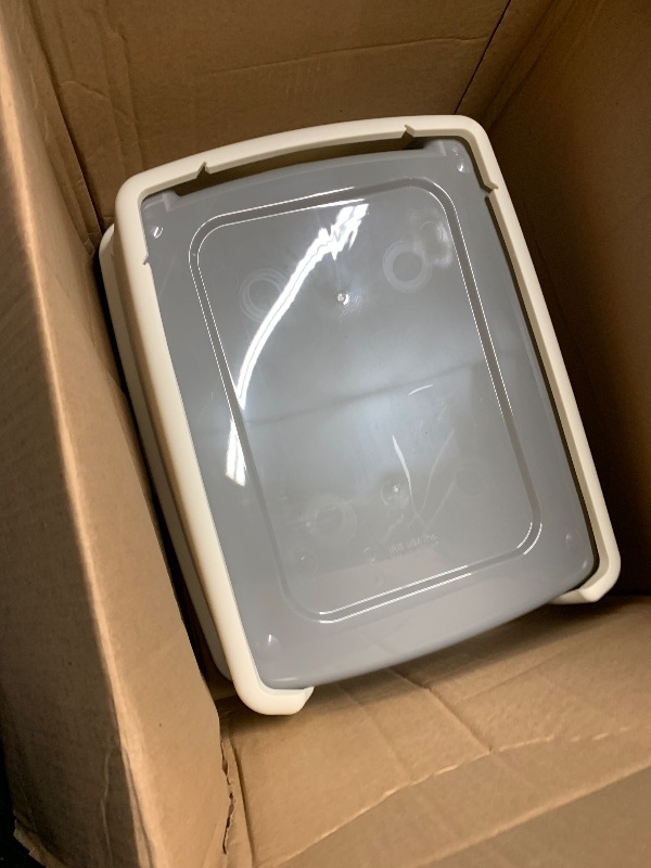 Photo 1 of (used)(see images) Amazon Basics Large Cat Litter Box with High Sides, Open Top, Includes Scoop, 19 x 15 x 11.75 inches, Grey/Beige