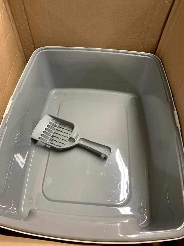 Photo 1 of (used)(see images) Amazon Basics Large Cat Litter Box with High Sides, Open Top, Includes Scoop, 19 x 15 x 11.75 inches, Grey/Beige