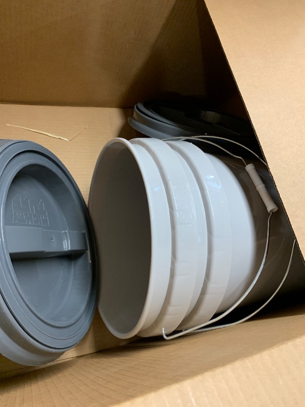 Photo 1 of (used)(damaged)(see all images) Mighty Tuff 5 Gallon / 21 Pound Pet Food Storage Container, Pack of 2 with Metal Handle and Airtight Lid to Lock in Freshness, Light Grey Base & Dark Grey Lid