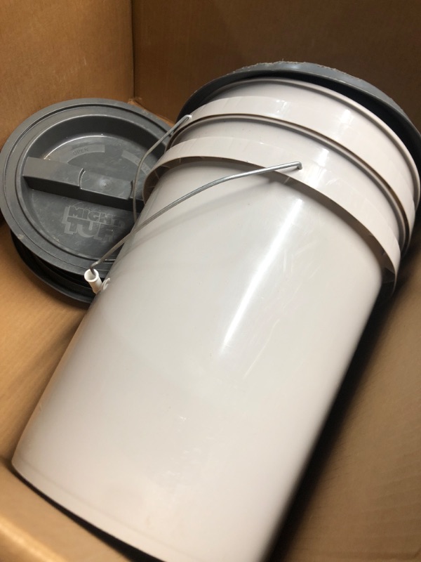 Photo 1 of (used)(damaged)(see all images) Mighty Tuff 5 Gallon / 21 Pound Pet Food Storage Container, Pack of 2 with Metal Handle and Airtight Lid to Lock in Freshness, Light Grey Base & Dark Grey Lid
