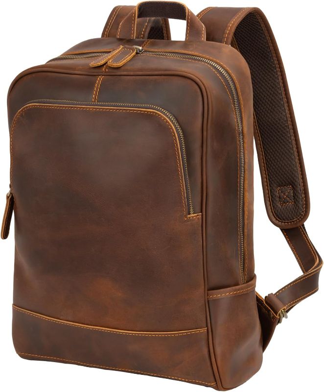 Photo 1 of (MINOR DAMAGE) (LEATHER/ZIPPER) Miracttld Leather Backpack for Men 15.6" Laptop Backpack 100% top-Grain Leather Madagascar Leather Backpack Brown Medium Size