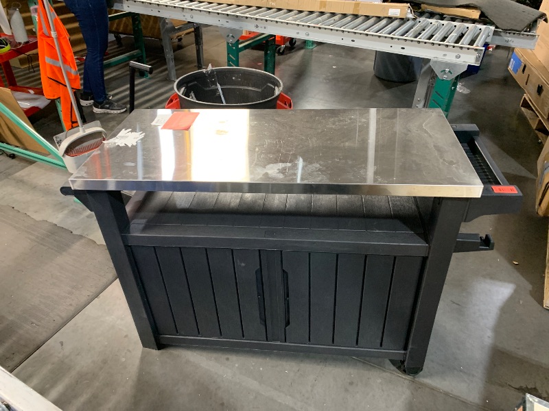Photo 1 of Keter Unity XL Portable Outdoor Table with Stainless Steel Top for Kitchen Prep and Outdoor Storage Cabinet for Grilling Accessories, Dark Grey