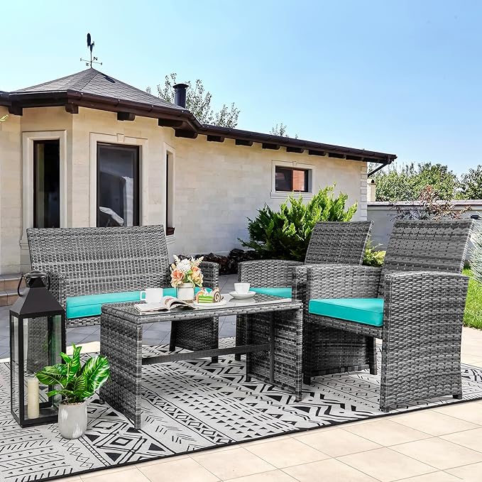 Photo 1 of ** PARTS ONLY ** 4 Piece Patio Furniture Set Small Outdoor Wicker Rattan Front Porch Bistro Set Cushioned Patio Chairs Conversation Set