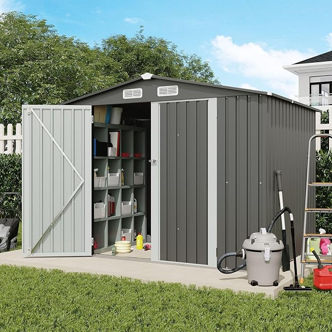 Photo 1 of **PARTIAL SET/BOX 1 OF 4** Verano Garden 8x6 FT Outdoor Storage Shed, Galvanized Steel Metal Garden Shed, Double Door W/Lock, Outdoor Storage Tool House for Backyard, Patio, Lawn