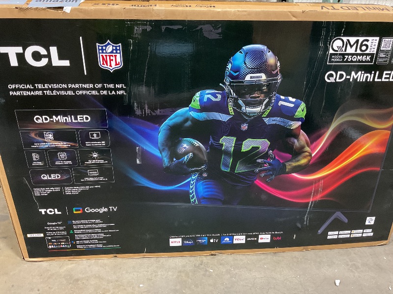 Photo 1 of ****FOR PARTS ONLY SCREEN EXTREMELY DAMAGED**** TCL 75-Inch Class QM6K Series QD-Mini LED 4K UHD Google Smart TV Best Value Mini-LED TV - QLED, 144hz, 288hz Gaming Rate, High Contrast Screen, Onkyo Audio, Dolby Atmos (75QM6K, 2025 Model)