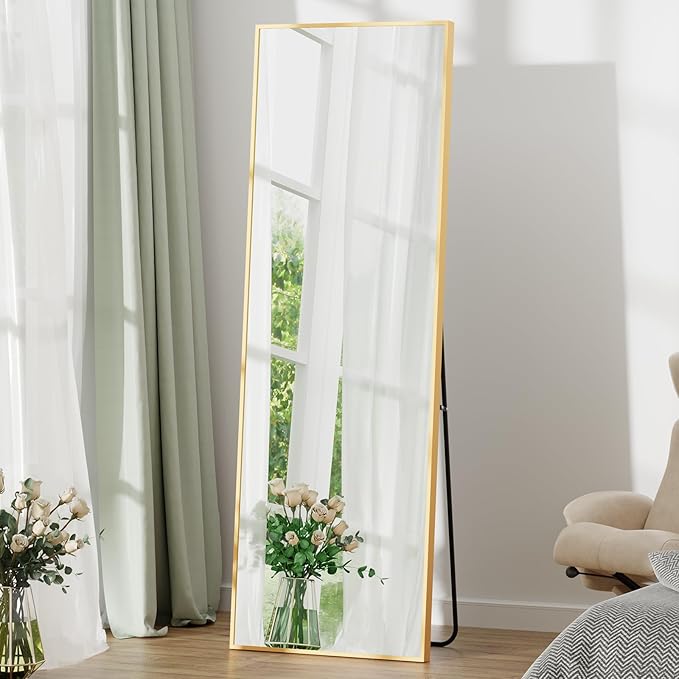 Photo 1 of 21×64 Floor Mirror Full Length Wall Standing Leaning or Mounted, Gold Rectangular Full Body Mirror with Aluminum Alloy Frame for Bedroom Bathroom Hallway