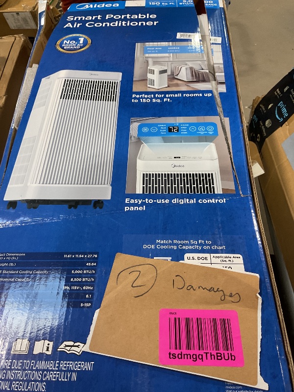 Photo 1 of *ATTACHMENTS DAMAGED*Midea 8,500 BTU ASHRAE (5,000 BTU SACC) Portable Air Conditioner, Smart Control, Cools up to 150 Sq. Ft., with Dehumidifier & Fan mode, Easy- to-use Remote Control & Window Installation Kit Included