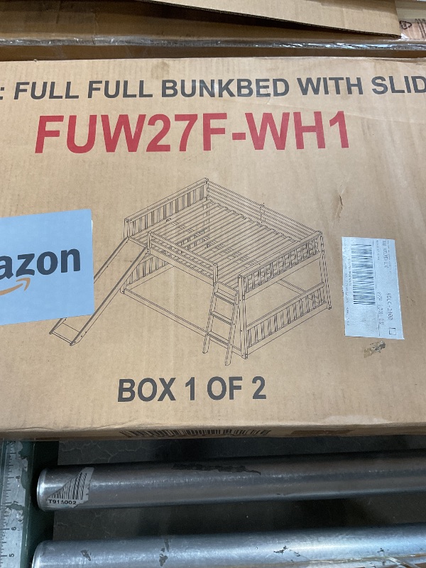 Photo 1 of *ONLY BOX 1 OF 2, PARTIAL SET*PVWIIK Full Over Full Bunk Bed with Slide & Ladder for Kids Bedroom,Wood Bed Frame with Safety Rails & Headboard and Footboard,No Box Spring Needed,White