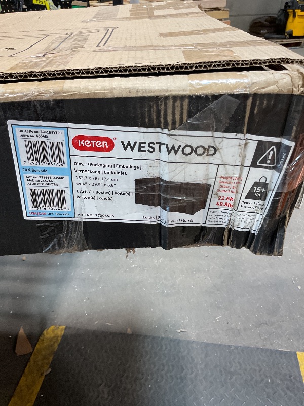 Photo 1 of *CRACK ON SIDE* Keter Westwood 150 Gallon Deck Box Organizer, Doubles as 2-Person Bench Seat, Brown – Large Resin Outdoor Storage and Seating with Lockable Lid for Garden, Pool, and Patio