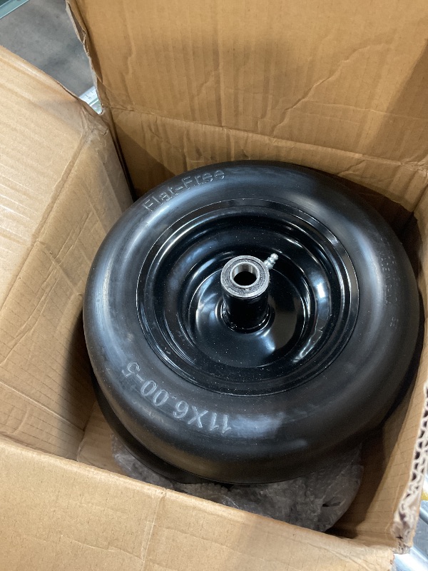 Photo 1 of 2 Pack 11x6.00-5" Flat Free Tire,Solid Rubber Lawn Mower Tires Kit with 3/4" 5/8" Bushings and 6"- 8" Centered Hub,11x6-5 Tire and Wheel Assemblies for Zero Turn Mower