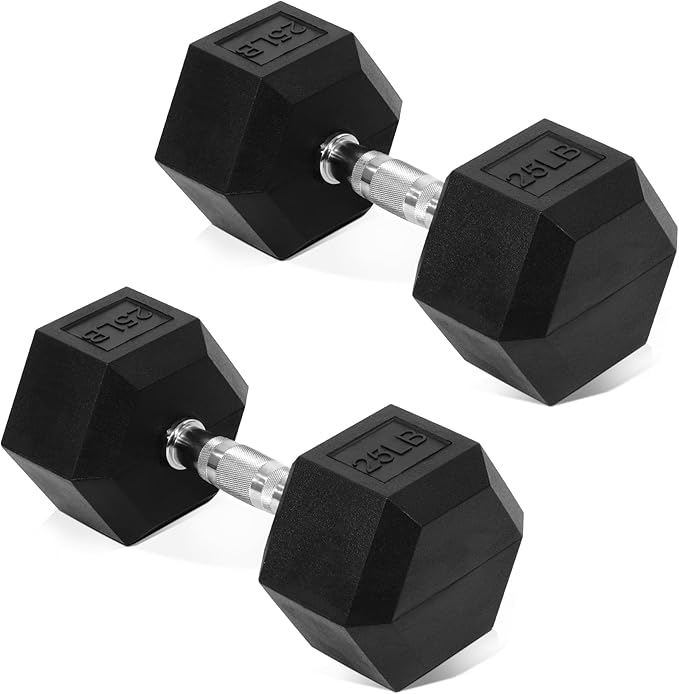 Photo 1 of **25lbs**Fitvids Rubber Encased Hex Dumbbell, Hand Weights with Anti-Slip Cast Iron Grip for Exercise & Fitness, Weights Dumbbells Set of 2 for Strength Training, 5-50 LBS Pair