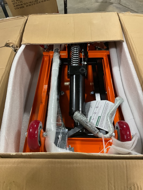 Photo 1 of ***POSSIBLY FOR PARTS/ HAS DAMAGE TO 1 OF THE WEELS**** Hydraulic Lift Table Cart, 500 LBS Capacity 28.5 in Lifting Height, Manual Single Scissor Lift Table with Locking Wheels and Non-Slip Pad, Hydraulic Scissor Cart for Material Handling