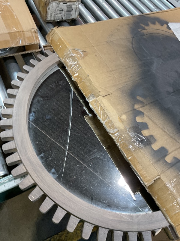 Photo 1 of **FOR PARTS HAS DAMAGES*** Decorative Wall Mirror 30 Inch, Round Wooden Industrial Cog Hanging Mirror for Bathroom Vanity, Living Room,Office,or Hallway, Rustic Grey