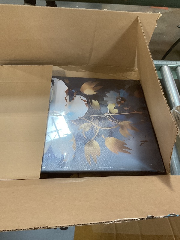 Photo 1 of **MINOR DAMAGES*** Flower Canvas Wall Art 2 Piece Navy Blue Gold and White Flower Picture Prints Floral Bloom Paintings for Bedroom Living Room Office Decor Framed(Flower,16.00" x 24.00" x 2PCS)