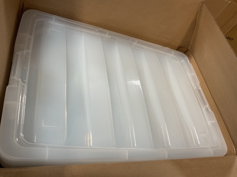 Photo 1 of ** 3 OF 4 LIDS BROKEN** IRIS USA 94 Qt Stackable Plastic Storage Bins with Lids, 4 Pack - BPA-Free, Made in USA - See-Through Organizing Solution, Latches, Durable Nestable Containers, Secure Pull Handle - Clear