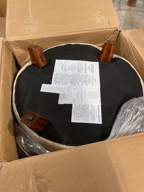 Photo 1 of ***FOR PARTS ONLY/ 1 OF THE LEGS IS DAMAGED (VERY LOOSE) **** Amazon Basics Round Linen Ottoman with Storage, Tufted Upholstered Footstool for Living Room and Bedroom, 20" x 17", Linen Burlap Beige