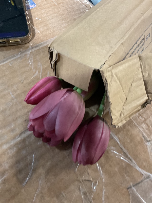 Photo 1 of (used/fair) (11.99) WAKISAKI 16-inch Premium Real Touch Fake Tulips, Artificial Flowers with Buds, Flexible Stem Easy to Shape, Faux Tulips (Vase not Included), 5-Pack Set of Royal Purple
