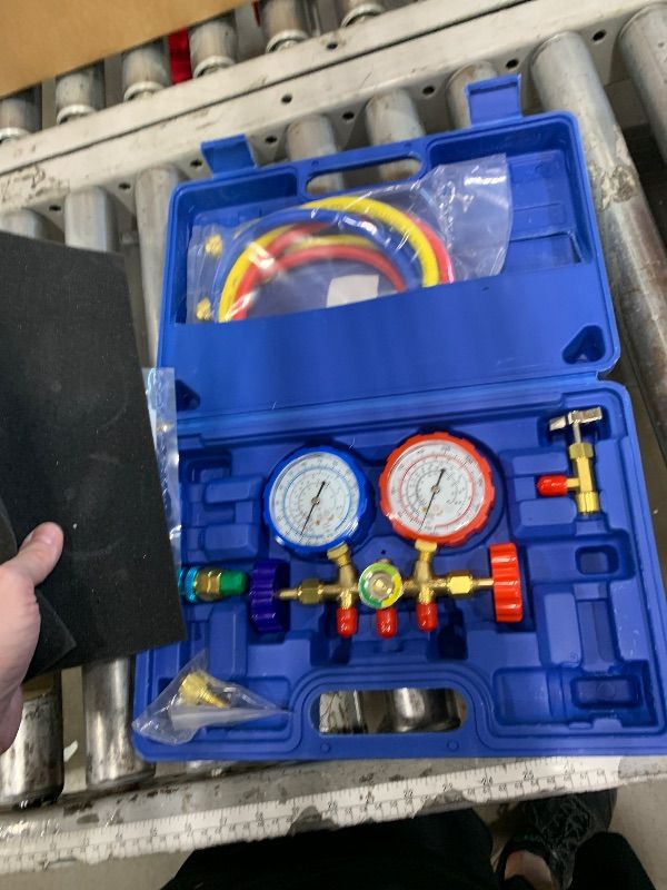 Photo 1 of ************MISSING PARTS***************
Orion Motor Tech 3 Way AC Diagnostic Manifold Gauge Set for Freon Charging, Fits R134A R12 R22 and R502 Refrigerants, with 3FT Hose, Tank Adapters, Quick Couplers and Can Tap
