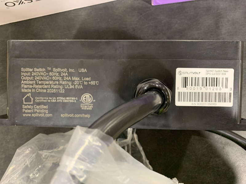 Photo 1 of Splitvolt NEMA 14-30, 240V, 24 Amp Splitter Switch - Save Thousands on Home Electric Vehicle Charging EV Install, cETLus Certified, Auto Power Switching Between Dryer and EV or Two EVs, Plug and Play