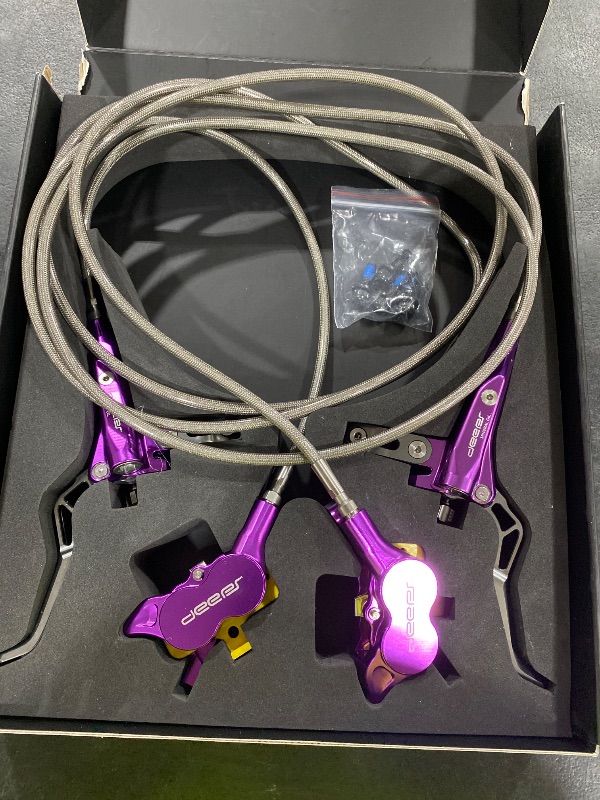 Photo 1 of Hydraulic Disc Brake Set, Left Front 1110mm & Right Rear 1610mm, 4 Piston Bike Brakes Set Compatible with Talaria XXX/Talaria Sting MX3/Surron Light Bee X/R MX4/Segway X160 X260/79Bike(Purple)