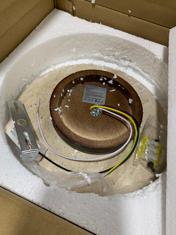 Photo 1 of WOSBO Yellow Travertine Ceiling Light, 9.8" Wabi Sabi Light Fixture with Round Stone Base & Milk Glass Lampshade, Mid Century Flush Mount Ceiling Light for Bedroom Living Room Kitchen Island Hallway