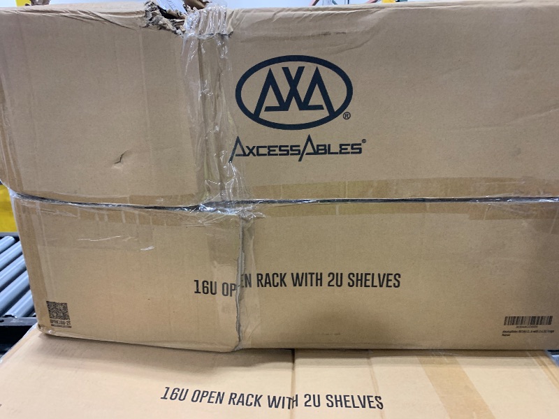 Photo 1 of AxcessAbles 16U Open Frame Network & AV Rack with Caster Wheels, Two 2U Shelves, 10-32 & Cage Nut Compatible Rails, Cage Nuts, Screws, Cage Nut Tool & Wall Mount Kit | 19-Inch Equipment Rack