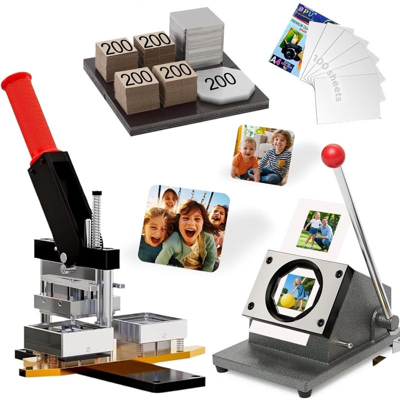 Photo 1 of 2x2inch Square Fridge Magnet Maker Machine Kit, 50 * 50mm DIY Photo Refrigerator Sticker Badge Press Machine with Paper Cutter, 200 Cardboard Magnet Materials, 100 Photo Paper
