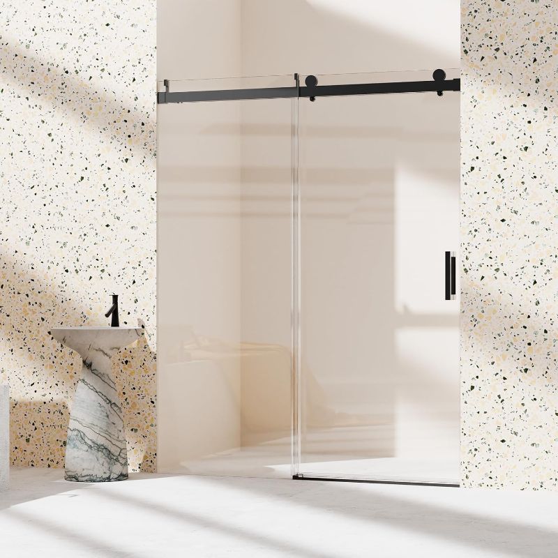 Photo 1 of 56-60" W x 76" H Frameless Single Sliding Glass Shower Doors Soft-Close with Buffer, Reversible Installation and 3/8"(10mm) ANSI Clear Tempered Glass, Matte Black
