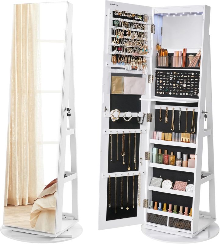 Photo 1 of SONGMICS 6 LEDs Lockable Mirror Jewelry Cabinet, 360° Swivel Jewelry Organizer Armoire Standing, Frameless Full-Length Mirror, 3 Storage Shelves, White Surface, Black Lining UJJC007W01

