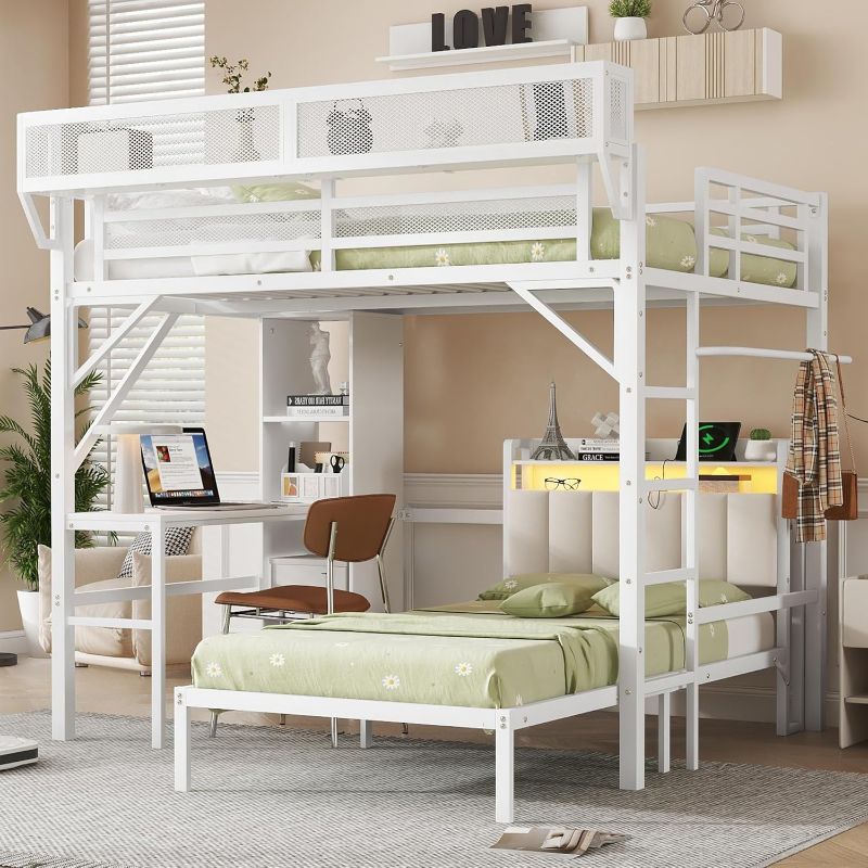 Photo 1 of Full over Twin Metal Bunk Bed w/Desk and Bookshelves Detachable Metal Bunk Bed