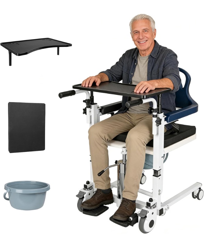 Photo 1 of 4 in 1 Hydraulic Patient Lift Transfer Chair, 180° Split Seat, 350lbs Capacity, Height Adjustable Nursing Wheelchair with Potty, Dining Table, for Elderly Disabled Home Care