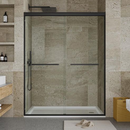 Photo 1 of Garvee Double Sliding Shower Door Semi-Frameless 44-48"w x 72"h Matte Black Tempered Glass Bathroom Walk-in Shower
